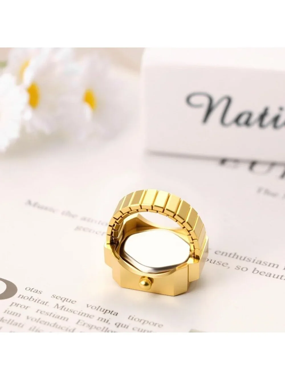 Unisex Gold White Quartz Stainless Steel Elastic Band Square Finger Ring Watch